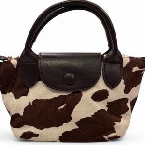 House of Harlow 1960 Brown and Cream Cowhide Mini Tote with Dark Leather Trim